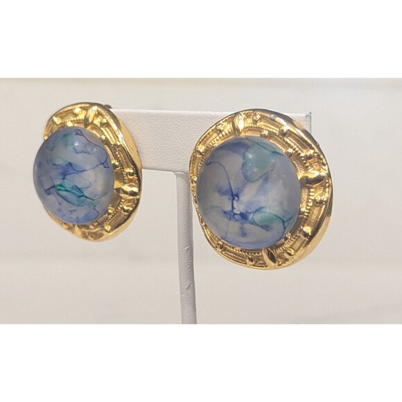 Vintage Blue Green Marbled Dome Clip On Earrings Gold Tone 1980s Statement - Picture 7 of 7